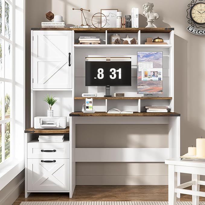 Vabches 51 Executive Desk Farmhouse Home Office Desk with Charging Station LED Light File Drawer Storage Cabinet Monitor Stand Wood Computer Desk with Hutch for Work Study Writing (White)