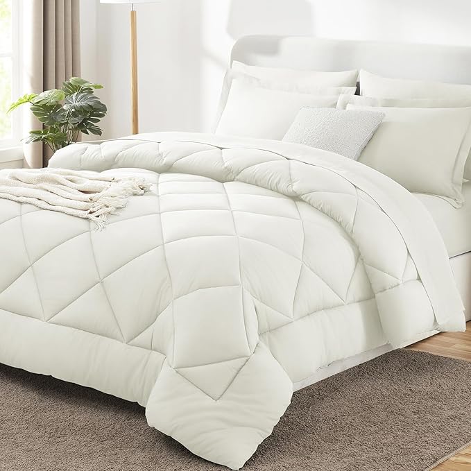 CozyLux King Size Comforter Set Ivory - 7 Pieces Bed in a Bag King Luxury Soft Bed Set for All Seasons Bedding Set with Down Alternative Comforter Sheets Pillowcases &amp Shams