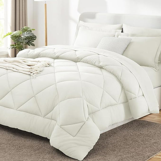 CozyLux King Size Comforter Set Ivory - 7 Pieces Bed in a Bag King Luxury Soft Bed Set for All Seasons Bedding Set with Down Alternative Comforter Sheets Pillowcases &amp Shams