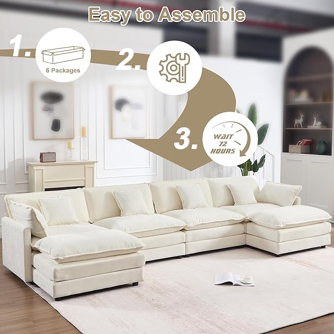 KIVENJAJA Oversized U-Shaped Cloud Modular Sectional Sofa Modern Chenille 4-Seater Deep Seat Couch with 2 Ottomans/Chaises &amp 6 Pillows for Living Room Office 146.5”W Beige