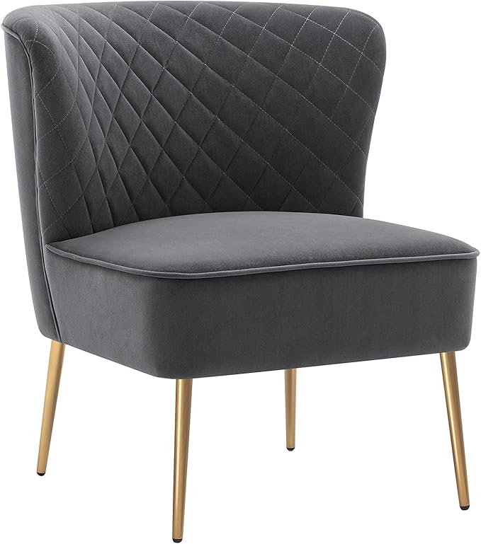 DUHOME Velvet Accent Chair Slipper ChairVanity Chairs Makeup Chair with Back Upholstered Sofa Chair Barrel Chair for Living Room Bedroom with Golden Legs Grey