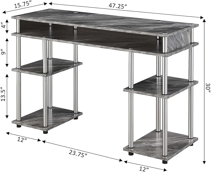 Pemberly Row No Tools Student Desk Gray Faux Marble Wood Finish Stainless Steel Legs 47.25 x 15.75 x 30 in Modern Home Office Desk with Shelves for Storage