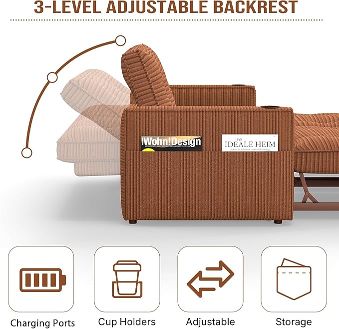 Rovibek 73.2 Convertible Sofa Bed Pull Out Couch with USB Charging Port &amp Cup Holders Adjustable Backrest Side Pockets Modern Corduroy Sleeper Sofa for Living Room Bedroom Apartment Orange