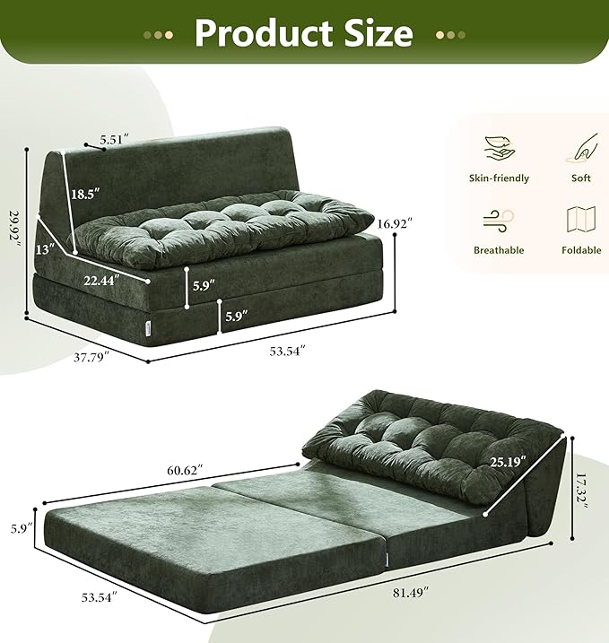 Hobestluk Sofa Couch Folding Sofa Bed Sleeper Comfy Floor Lounger Loveseat Sofa with Removable Cushion Couches Foldable Mattress for Living Room Bedroom or Office (Chenille Green Oversize)