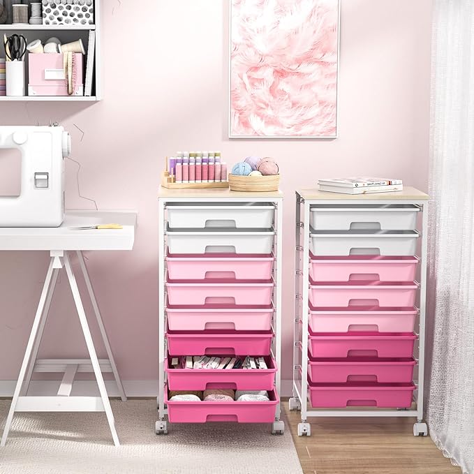 Rolling Cart with DrawersStorage Cart with 8 Drawers and Wooden TabletopUtility Cart for Living RoomClassroom BedroomBathroomDormOfficeRose Pink