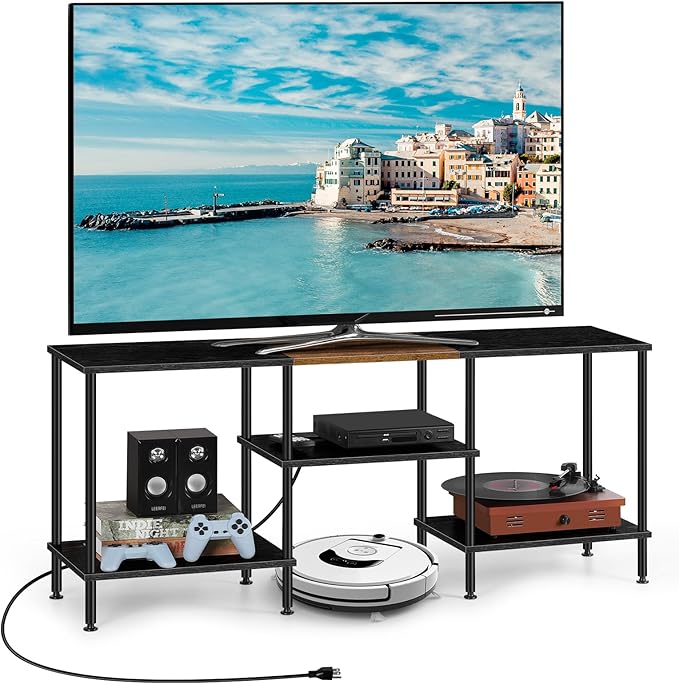TV Stands for Living Room 50 inch TV Stand with Power Outlet Entertainment Center with Storage 3 Tier TV Console Table for 50 43 40 32 inch TV Black