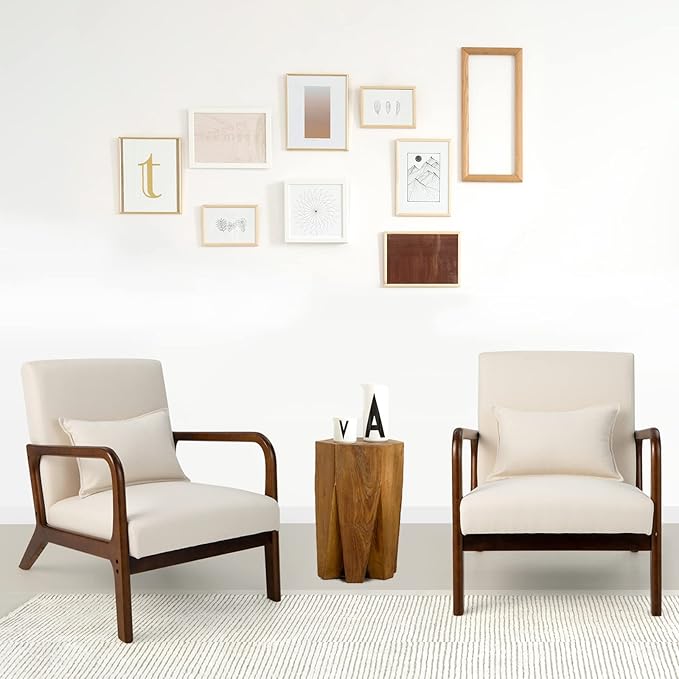 KOTEK Mid Century Modern Accent Chair with Lumbar Pillow Reading Arm Chair with Rubber Wood Frame Upholstered Seat &amp Back Waist Cushion Fabric Lounge Armchair for Living Room Bedroom (2 Beig