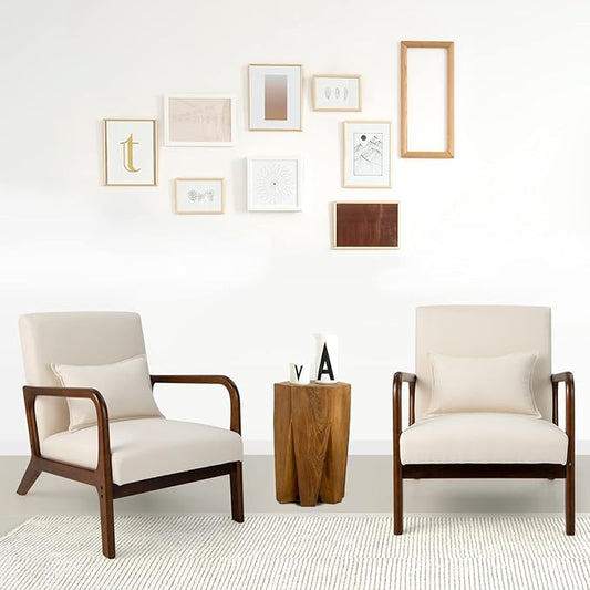 KOTEK Mid Century Modern Accent Chair with Lumbar Pillow Reading Arm Chair with Rubber Wood Frame Upholstered Seat &amp Back Waist Cushion Fabric Lounge Armchair for Living Room Bedroom (2 Beig