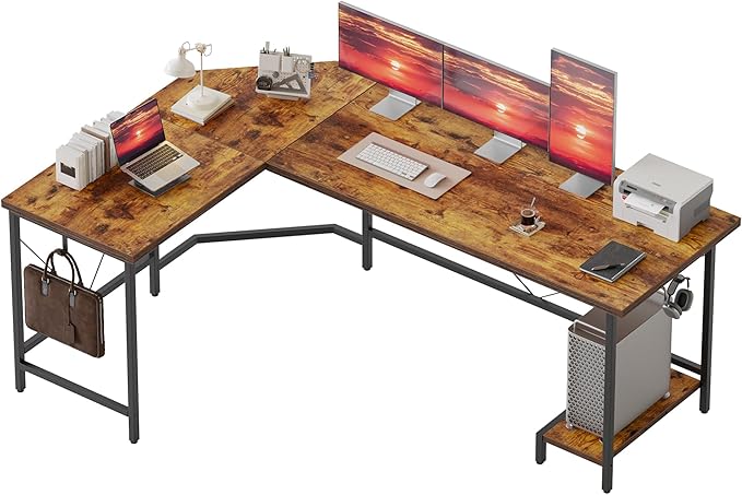 Mericonia 59 inch Large L Shaped Desk Simple Corner Gaming Desk with CPU Stand &amp Hooks Computer Desk for Home Bedroom &amp Office Workspace Dark Brown