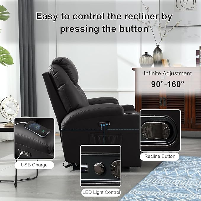 Power Recliner Chair with Heat and Massage PU Leather Home Theater Seating with LED Lights/Cup Holders/Side Pocket/USB Port Reclining Sofa Chair for Living Room (2 Black)