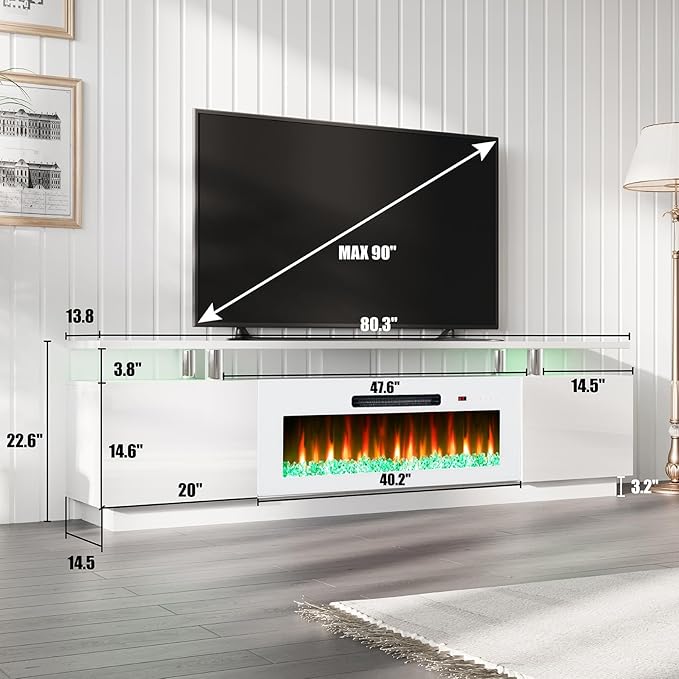 AMERLIFE Fireplace TV Stand with 40 Fireplace 80 Modern Fireplace Entertainment Center LED Lights 2 Tier TV Console Cabinet for TVs Up to 90 White &amp White