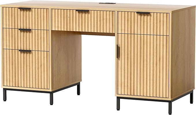 Fluted Executive Desk with File Drawer 55 Large Computer Desk with Storage and Charging Station Modern Wooden Home Office Desk for Workspace Writing Study Nautral Oak