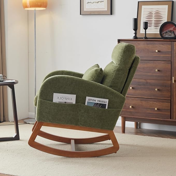 VINGLI Olive Chenille Rocking Chair Nursery with Thick Headrest Upholstered Mid-Century Modern Nursing Rocker Glider with Curved Armrest Sturdy Solid Wood Base for Living Room Bedroom Baby Room
