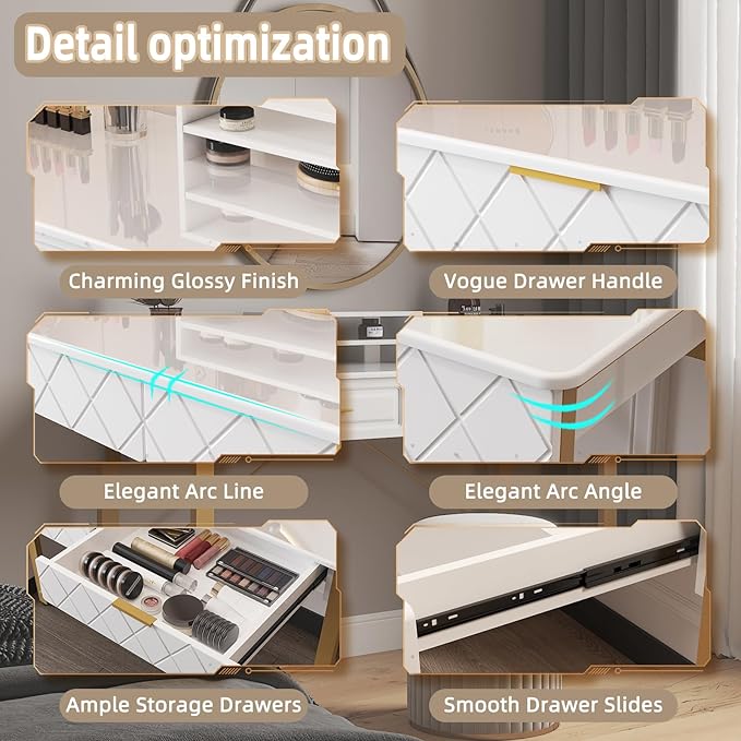 WESTREE 40 White and Gold Desk with 2 Drawers and Storage Shelf Modern Makeup Vanity with Glossy Desktop Gold Metal Frame Writing Desk for Bedroom or Home Office No Mirror
