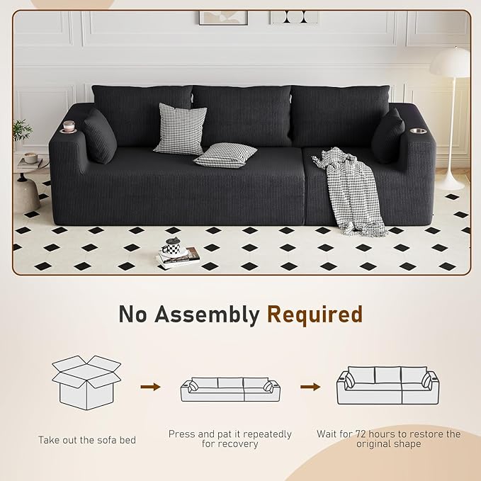 Furnimart 112 Oversized 3 Seater Sleeper Couch Sectional Sofa Bed Boneless Cloud Couches for Living Room Modern Deep Seat Modular Sofa No Assembly Corduroy Black