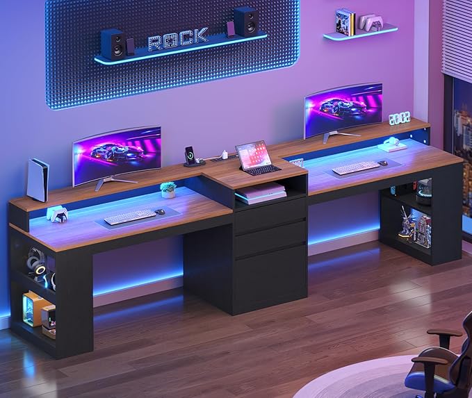 96.6 Long Computer Desk 2 Person Desk with LED Lights &amp Power Outlet Modern Two Person Gaming Desk with File Drawers Monitor Stand Printer Shelf ＆ Storage Double Table for Home Office Black