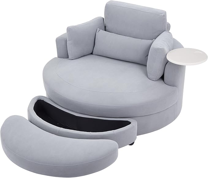 DEINPPA Swivel Accent Chair with Armrest Tray Round Barrel Chairs with Ottoman for Living Room Bedroom-Corduroy Fabric-Haze Blue