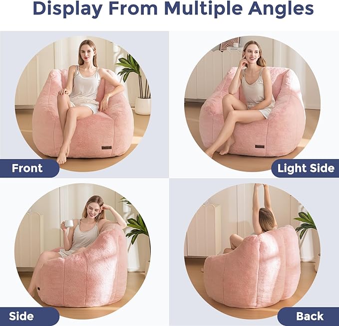 MAXYOYO Bean Bag Chair Comfy Bean Bag Sofa with Back Support Faux Fur Bean Bag Chair for Adults and Kids Stuffed Floor Sofa for Living Room Bedroom Apartment Pink