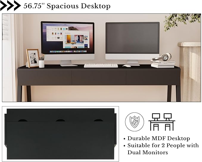 HNY 59 Inches Black Wooden Writing Desk with 3 Drawers Computer Study Table with MDF Top Solid Rubberwood Legs and Hidden Cable Management Holes Corner Makeup Vanity Desk for Home Office Bedroom