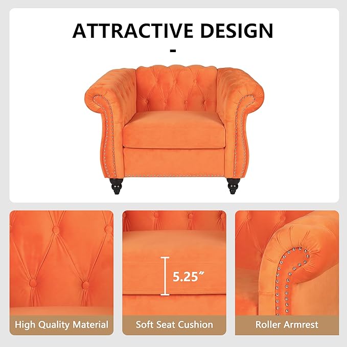 AVZEAR Living Room Accent Chair Upholstered Sofa Chair Single Sofa Chair with Tufted Back Velvet Chesterfield Sofa Chair for Living Room Apartment Orange