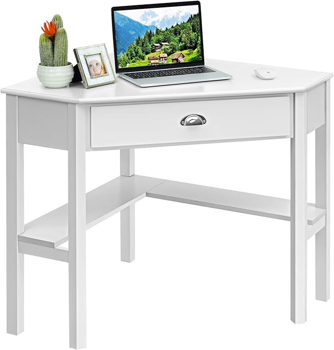 Tangkula White Corner Desk with Drawer Storage Shelves for Computer Makeup Vanity Desk for Small Space 90 Degrees Triangle Desk