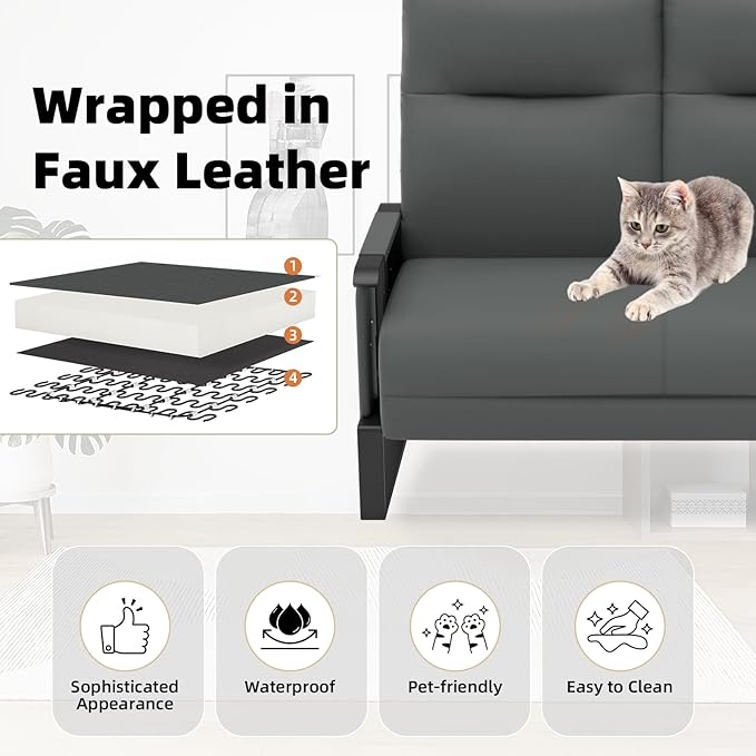 Faux Leather Loveseat Couch for Living Room Small Sofa 2 Seater Couch with Flip Up Tray Table Side Pockets Leather Loveseats (2-Seater)