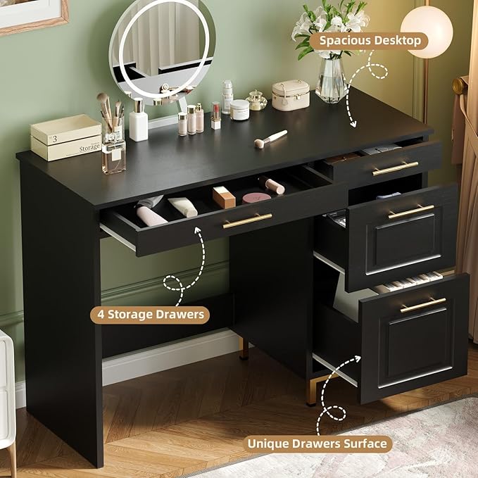4 EVER WINNER Black Desk with Drawers 43 Inch Writing Desk with Storage File Cabinet and Golden Handle Home Office Desk for Bedroom Black