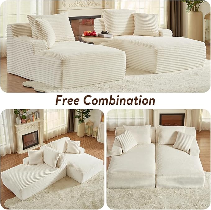 Oversized Double Chaise Lounge Chair IndoorWide Corduroy Boneless Chaise Lounges Sofa Comfy Upholstered Sectional Cloud Couch No Assembly Required Loveseat Sleeper Chair Bed for Living Room (White)
