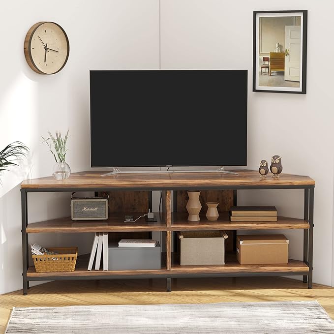 MUTUN Corner TV Stand with Power Outlet Corner Entertainment Center for 32 43 50 55 60 Inch TV Industrial Media Console Table for Living Room Bedroom 55 Inch Rustic Brown