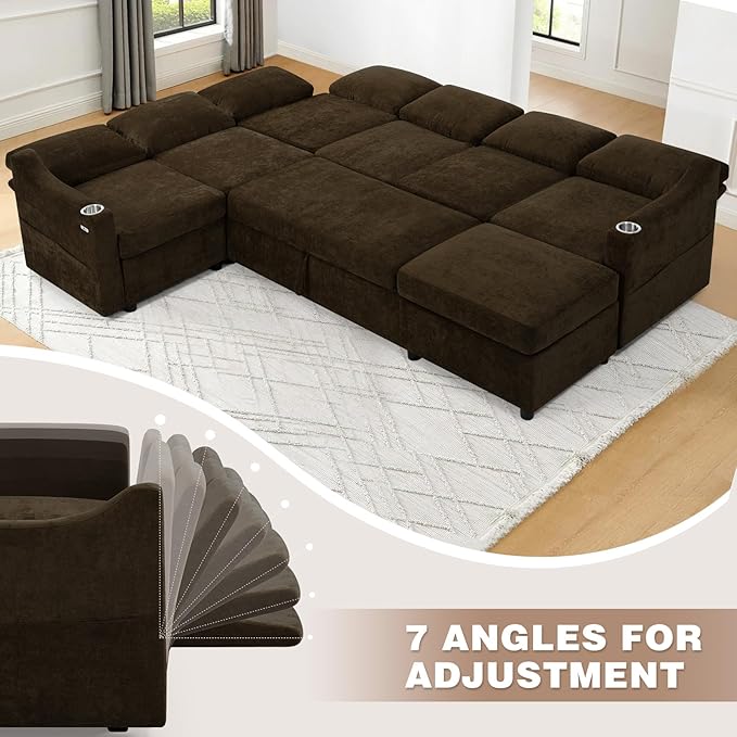 116 Chenille Modular Sofa Bed w/Adjustable Backrests U-Shape Sleeper Sofa w/USB Ports &amp Storage Space Convertible Corner Sectional Couch w/Pull Out Bed for House Living Room Brown