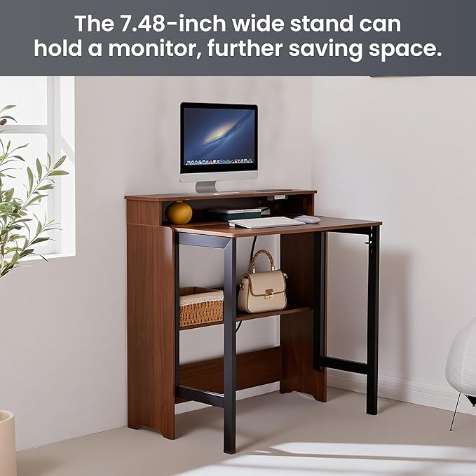 Folding Desk with Charging StationFold Out Desk with Monitor StandStorage ShelfSmall Foldable Computer Desk for Compact Home Office Spaces (Walnut)