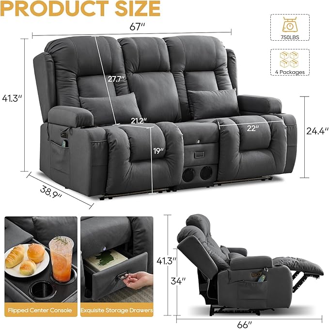 IPKIG Power Loveseat Recliner Sofa with Flip-Up Backrest Console Drawer AC Outlet LED Light Wall Hugger Recliners for Living Room RV Home Theater (Grey Loveseat)
