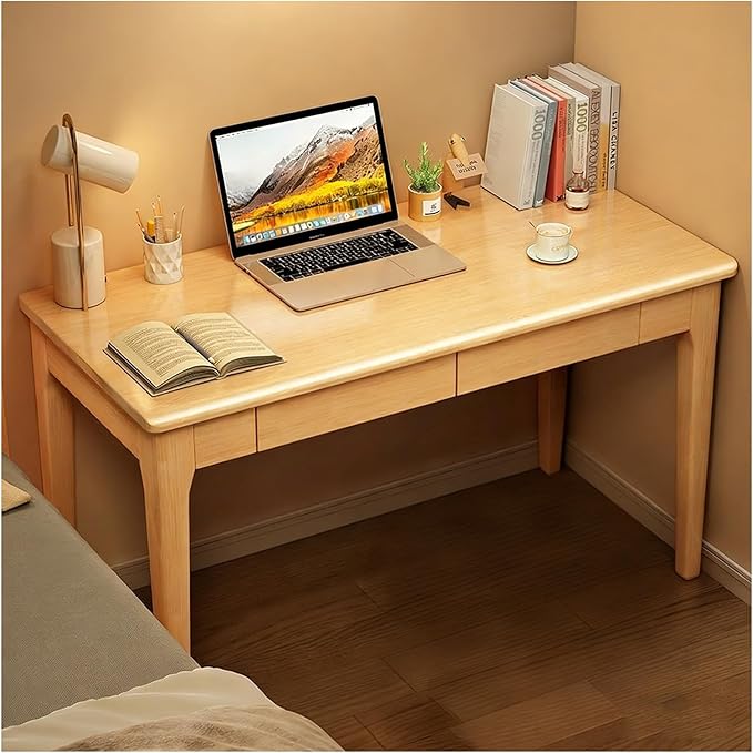 Solid Wood Desk with Drawers Writing Study Table for Small Spaces Mid Century Versatile Home Office Computer Workstation Wooded Vanity Table for Bedroom