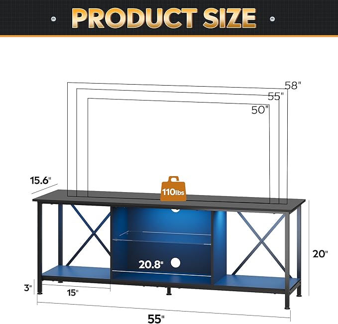 WLIVE Industrial TV Stand with LED Lights for Up to 65 TVs Waterproof &amp Scratch-Resistant Adjustable Shelves Modern Entertainment Center for Living Room Black