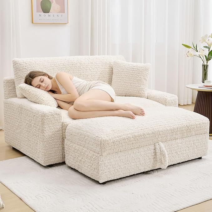 62“ Oversized Chaise Lounge Chair IndoorComfy Loveseat with Storage OttomanUpholstered Sleeper Sofa Bed with 2 Pillows Deep Seat Love Seat Couch for Living RoomBedroomApartmentBeige