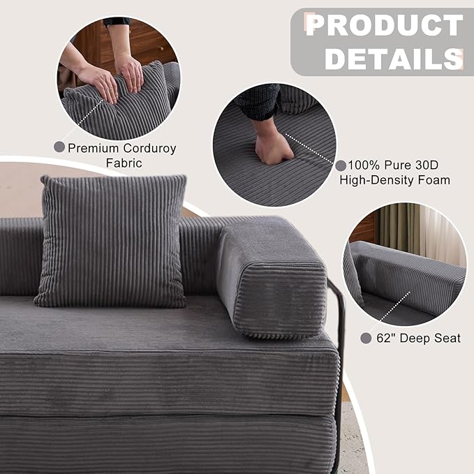 Convertible Sleeper Sofa Bed 78.5 Corduroy Foldable Loveseat Sleeper Sofa Queen to King Size Boneless Couch Bed for Living Room | No Assembly Required | Compression Sofa Dark Gray