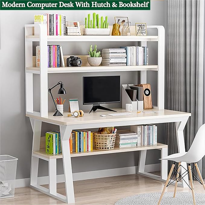 Computer Desk with Hutch and BookshelfHome Office Desk Study Writing Desk for Small SpaceWood Pc Table with Storage Shelves Modern Gaming Desk(39 inch White)