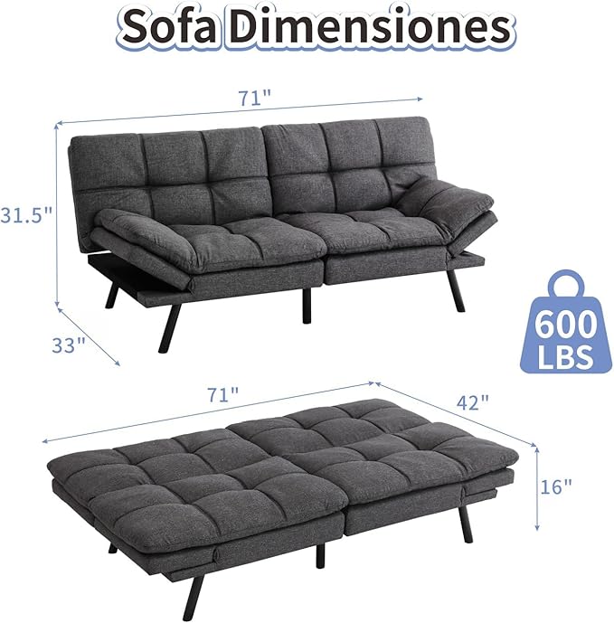 MUUEGM Futon Sofa Bed Memory Foam Dark Grey Futons Modern Office Couch Sleeper Bed Convertible Love seat Sofa for Small SpacesApartmentOffice with Adjustable Armrest Backrest