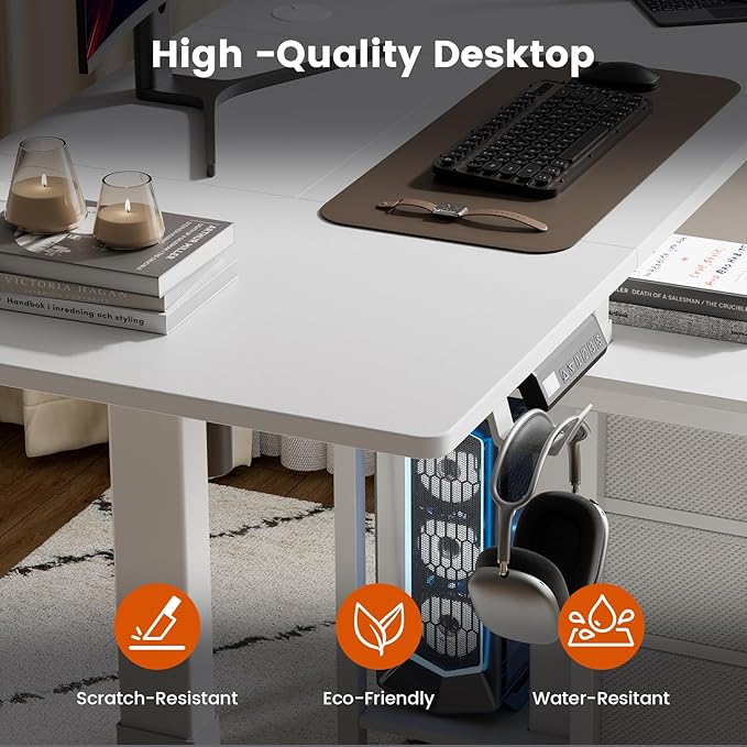 REAHOME Electric Standing Desk with Drawers 47 x 24 Inches Height Adjustable Sit Stand Desk with Storage 3 Memory Preset Home Office Computer Table Printer Cabinet 2 Hooks Cable Management White