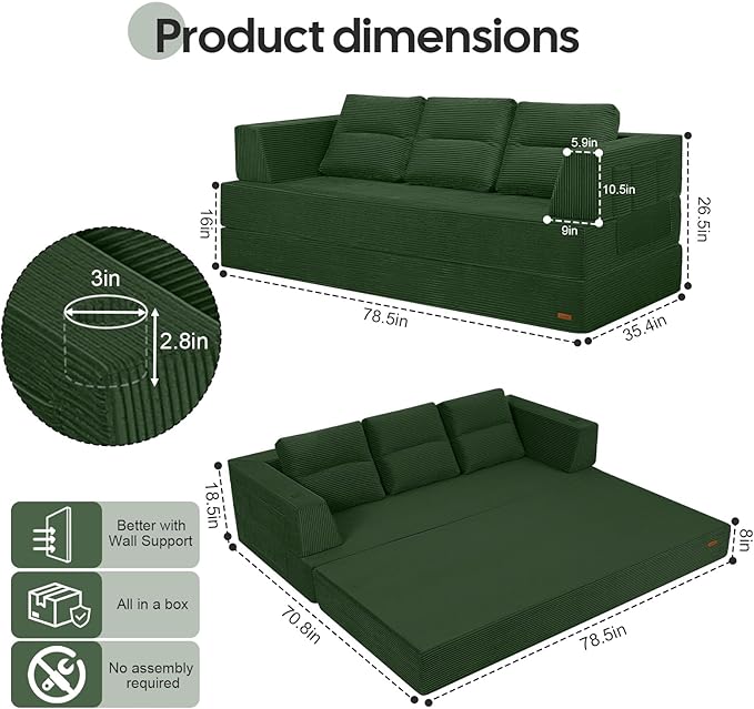 COMAX Futon Sofa Bed Queen 79 Convertible Sofa Bed Couches for Living Room 4 in 1 Folding Boneless Sleeper Corduroy Couch Loveseat Foam In a Box Comfy Foldable Lounge Fold Out Floor Mattress Green