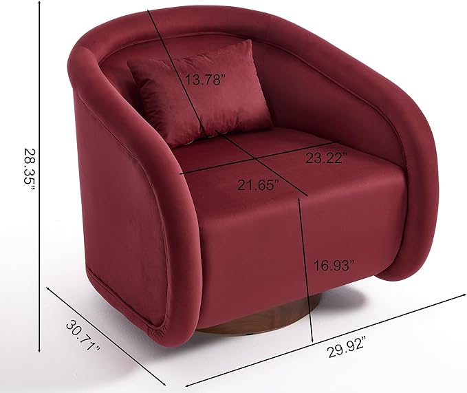 Pumpkin-Shaped Swivel Accent Chair with 360° RotationTeddy Upholstered Barrel Armchair with Solid Wood Base for Bedroom Living Room (Wine Red)