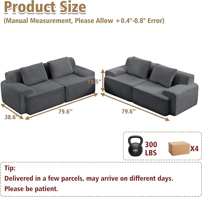 KIGOTY Modular Sectional Sofa 4 PCS Comfy Cloud Sectional Couch with Deep Seat Corner Sofas Modern Boneless Couch for Living Room No Assembly RequiredGrey