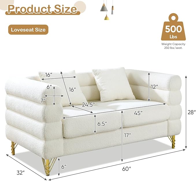 Antetek 60-inch Couches for Living Room Modern Teddy Fabric Upholstered Loveseat Sofa Couch with Square Arm and 4 Golden Metal Legs for Living Room Office Apartment White