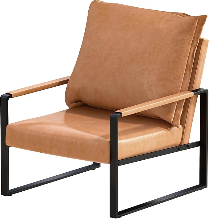 AWQM Leather Accent Chair Set of 2 Sofa Chair with Extra-Thick Padded Backrest &amp Seat Cushion Single Sofa for Living Room Bedroom Black Metal Frame 105 Degree Slant Back-Apricot（Set of 2）