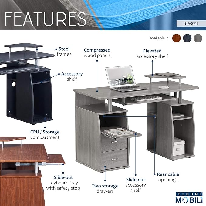 Techni Mobili 47 Computer Desk with Drawers and Storage Office Desk with Printer Shelf Pull Out Shelf and Keyboard Tray Computer Workstation Espresso Brown