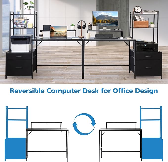 KATHY&ampBOB Small Home Office Study Desk - Freestanding Ladder Design with Fabric Drawers &amp Side Bag - Modern Vanity Makeup Desk - 2 Tier Shelf &amp Computer Gaming Station (Black Large)