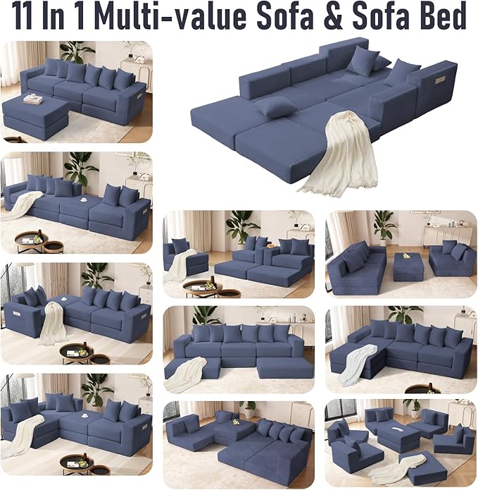 102 Upgraded L-shaped Modular Sectional Couches for Living Room Convertible Oversized Sleeper Sofa Bed-Luxury 1.5 Queen Bed. 11-in-1 Multifunctional Corduroy Boneless Folding Futon Couch Blue.