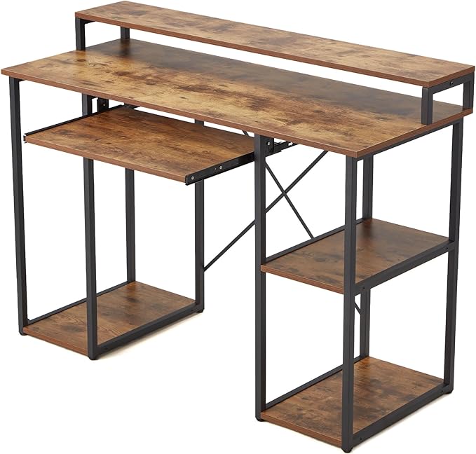 JOMEED Modern 46.5 Inch Computer Desk with Monitor Stand and Storage Shelves for Home Office Spaces Bedrooms or Student Dorms Brown/Black