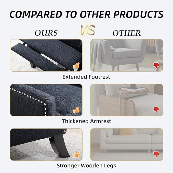 Wing Back Recliner Chair for Living Room Push Back Reclining Chairs Club Accent Chair Lounge Armchair Comfy Fabric Arm Chair with Rivet Decoration Tufted Back Solid Wood Legs Black