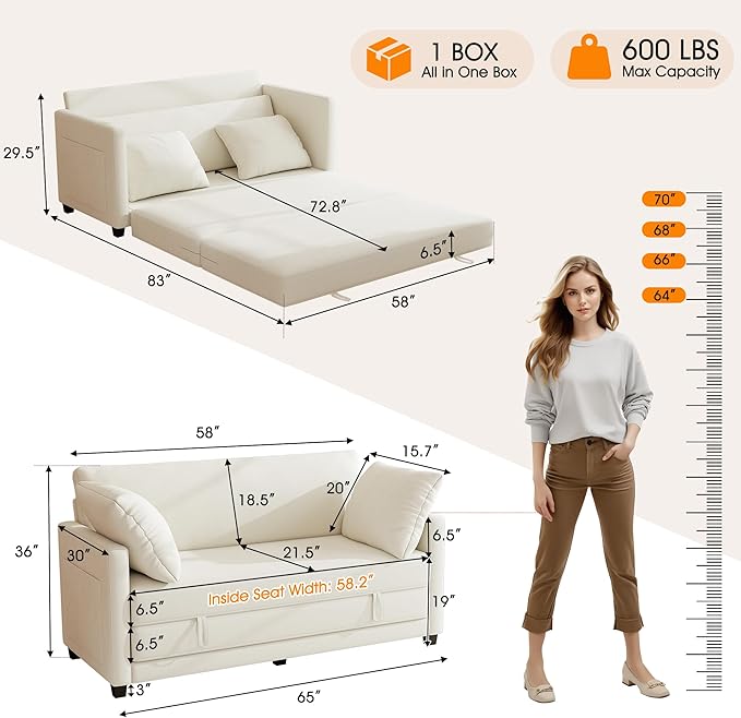 65 Loveseat Sleeper Sofa Bed Chenille Convertible Sofa Bed for Small Spaces Folding Couch Bed with Deep Seat Solid Frame Pull Out Floor Couches for Living Room Beige